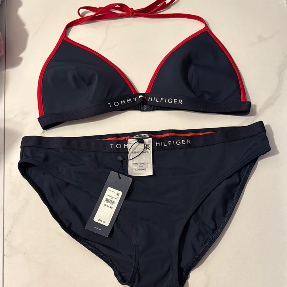 Tommy Hilfiger Women's Navy and Red Bikini Set